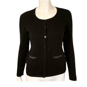 Sutton Cashmere Black Rhinestone Elbow Button Front Cardigan Sweater Size S